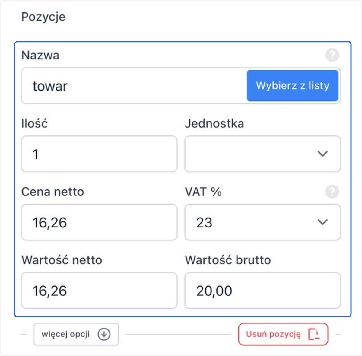 Uzupełnij dane z sekcji Pozycje.