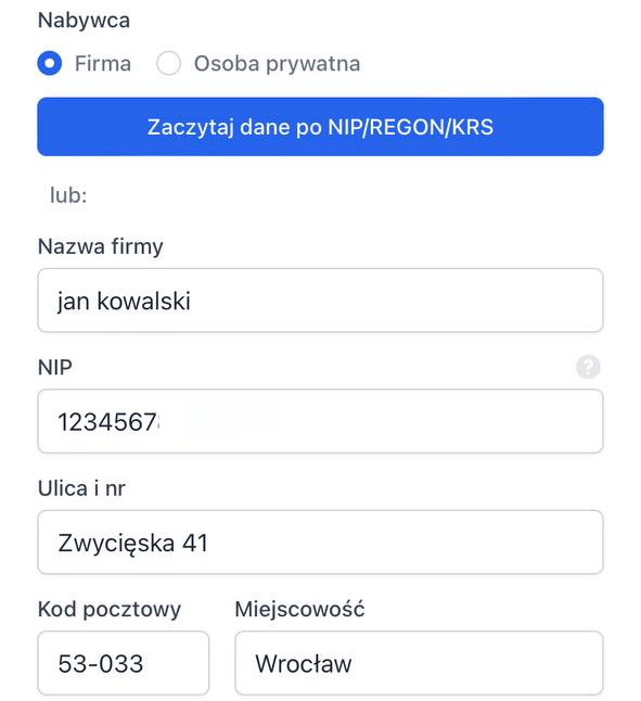 Dane w sekcji Nabywca wprowadź ręcznie lub skorzystaj z opcji Zaczytaj dane po NIP/REGON/KRS, aby pola uzupełniły się automatycznie.