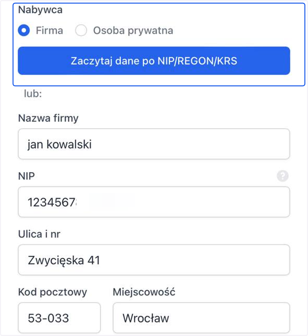 Dane w sekcji Nabywca wprowadź ręcznie lub skorzystaj z opcji Zaczytaj dane po NIP/REGON/KRS, aby pola uzupełniły się automatycznie.