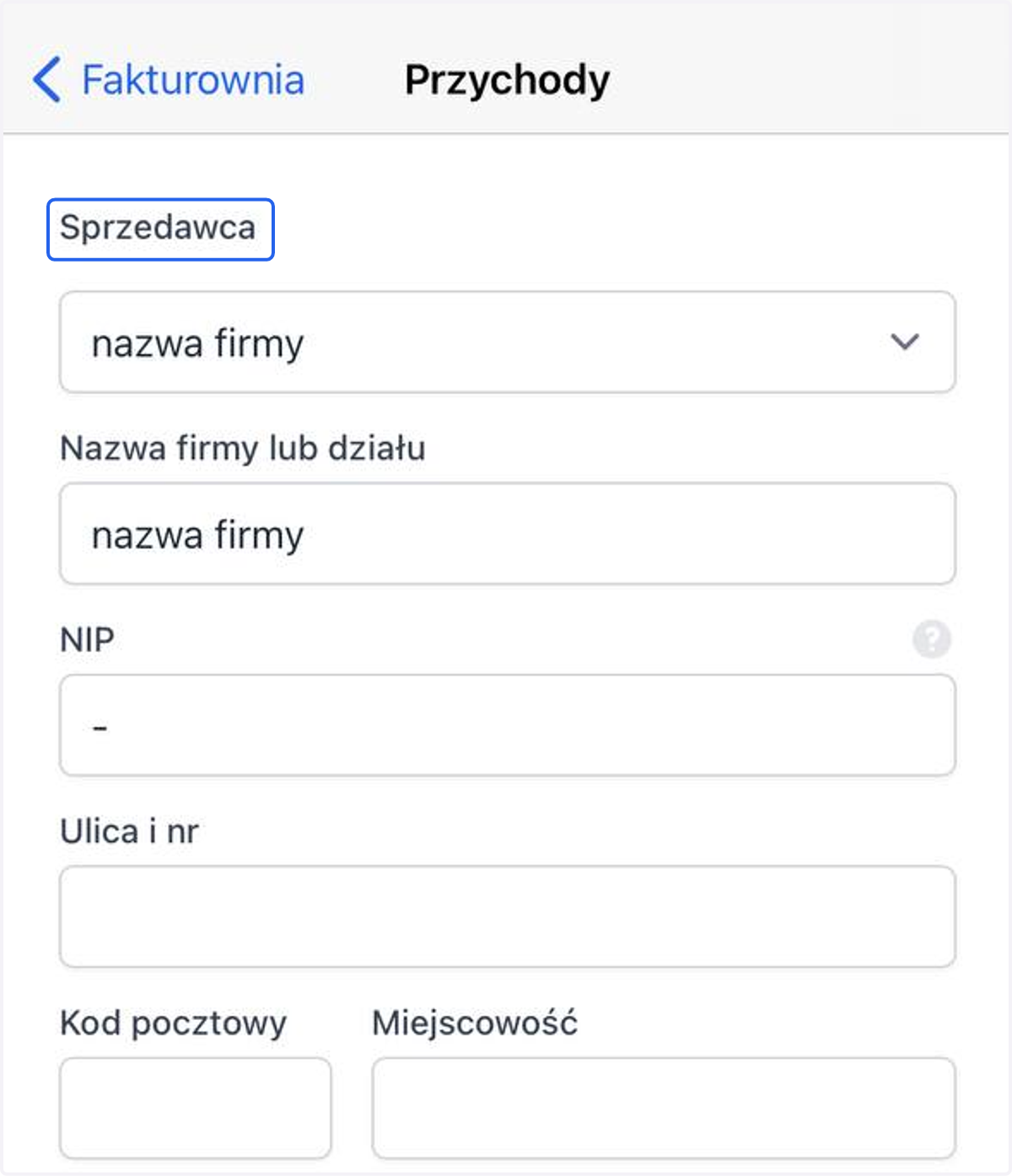 Sprawdź lub popraw dane znajdujące się w sekcji Sprzedawca.