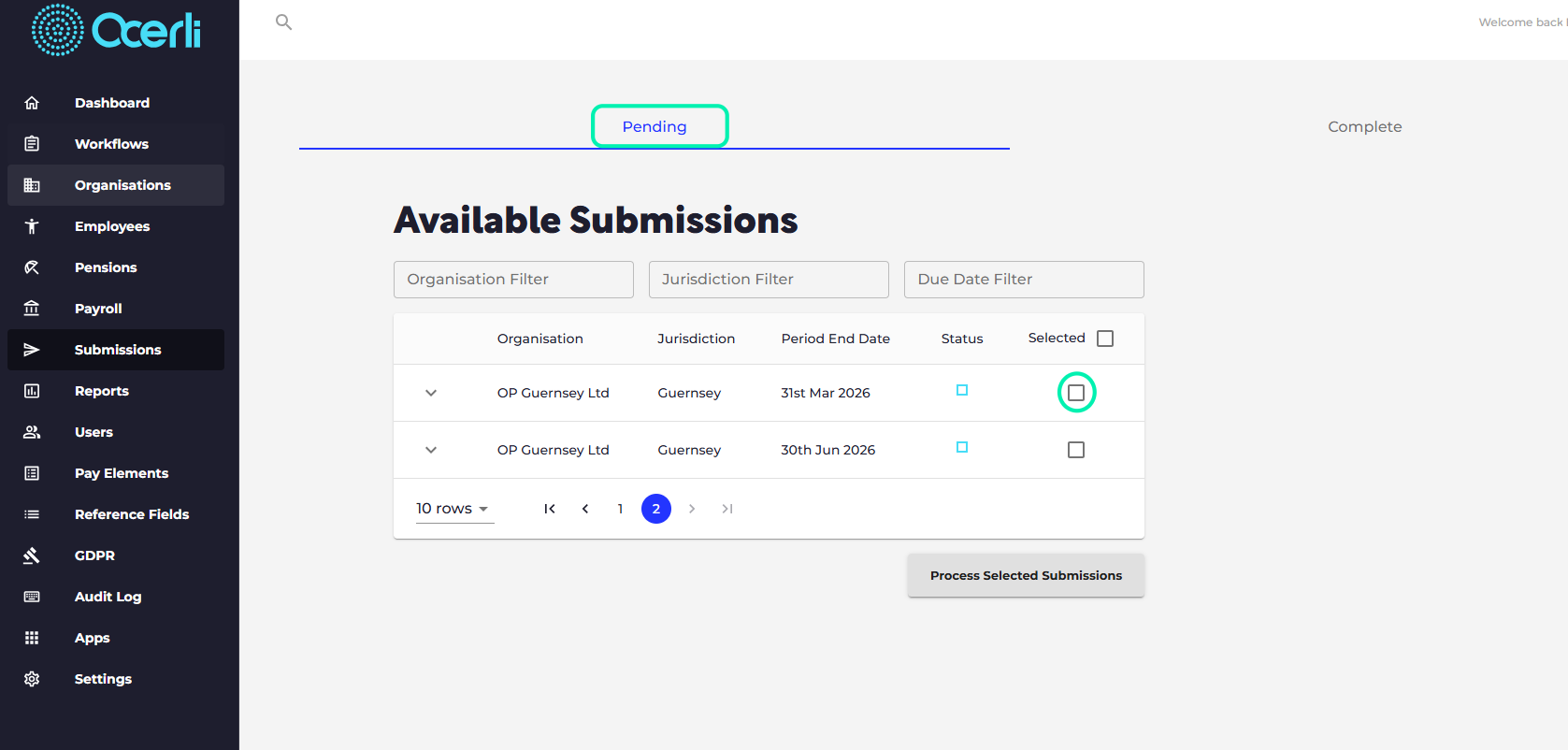 Please navigate to the 'Submissions' screen on the main menu on the left