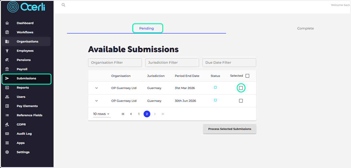 Please navigate to the 'Submissions' screen on the main menu on the left