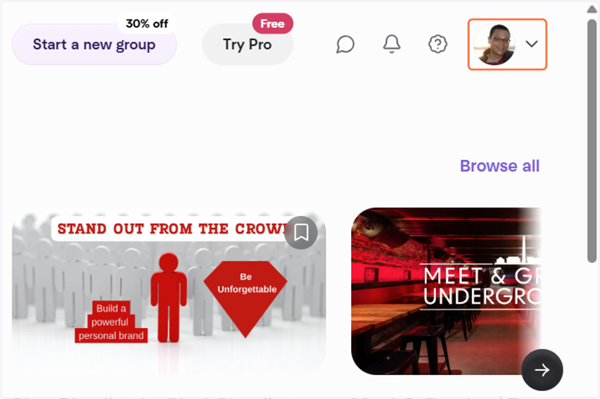 Goto Meetup.com & logon. Goto top right corner and click dropdown trigger next to your Profile picture. (On mobile app: visit your profile and instead click on the gear wheel toggle)