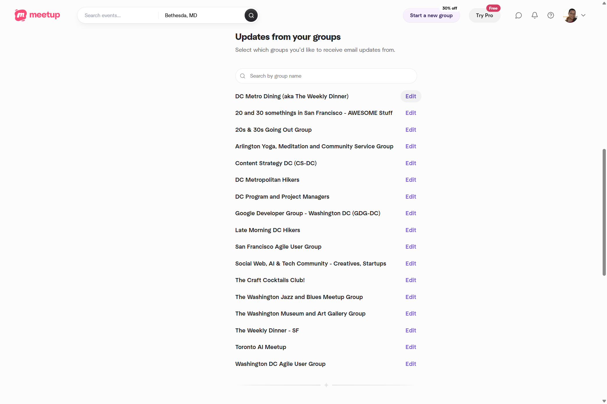 Scroll down further to section "Updates from your groups". Find our group, and click on Edit. (On mobile app, scroll down to Group notification section, and find our group to find group-specific notifications).