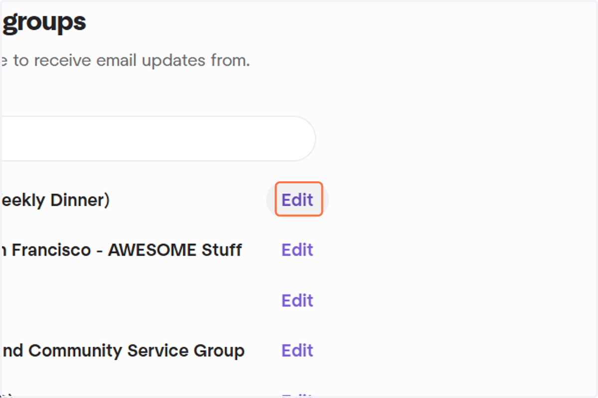 Scroll down further to section "Updates from your groups". Find our group, and click on Edit. (On mobile app, scroll down to Group notification section, and find our group to find group-specific notifications).