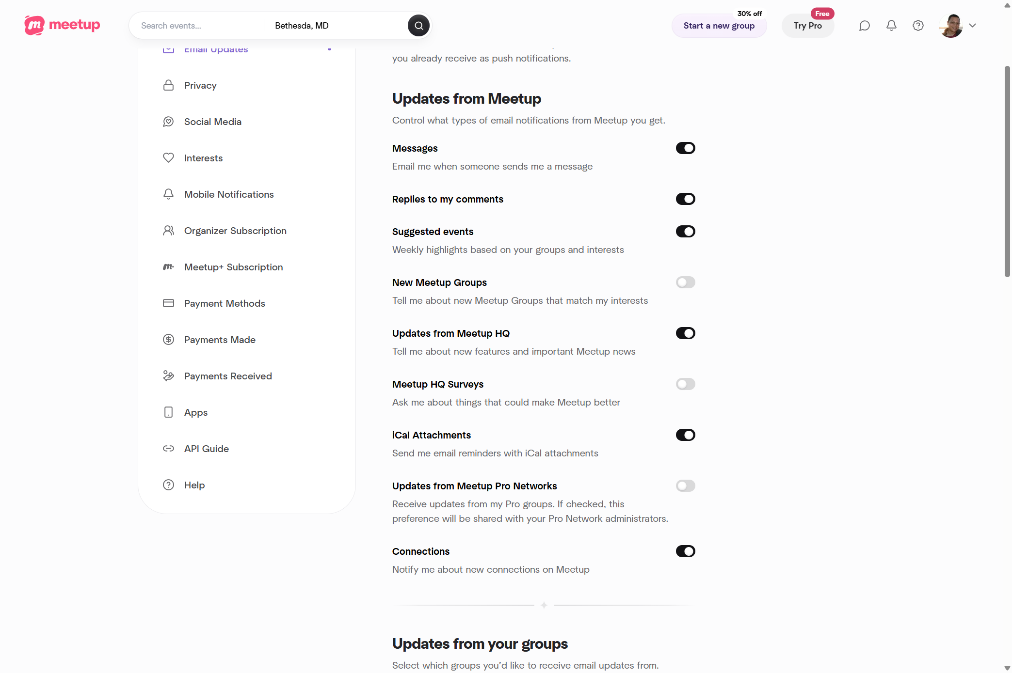 Scroll down further to section "Updates from Meetup". We suggest several selections to consider.