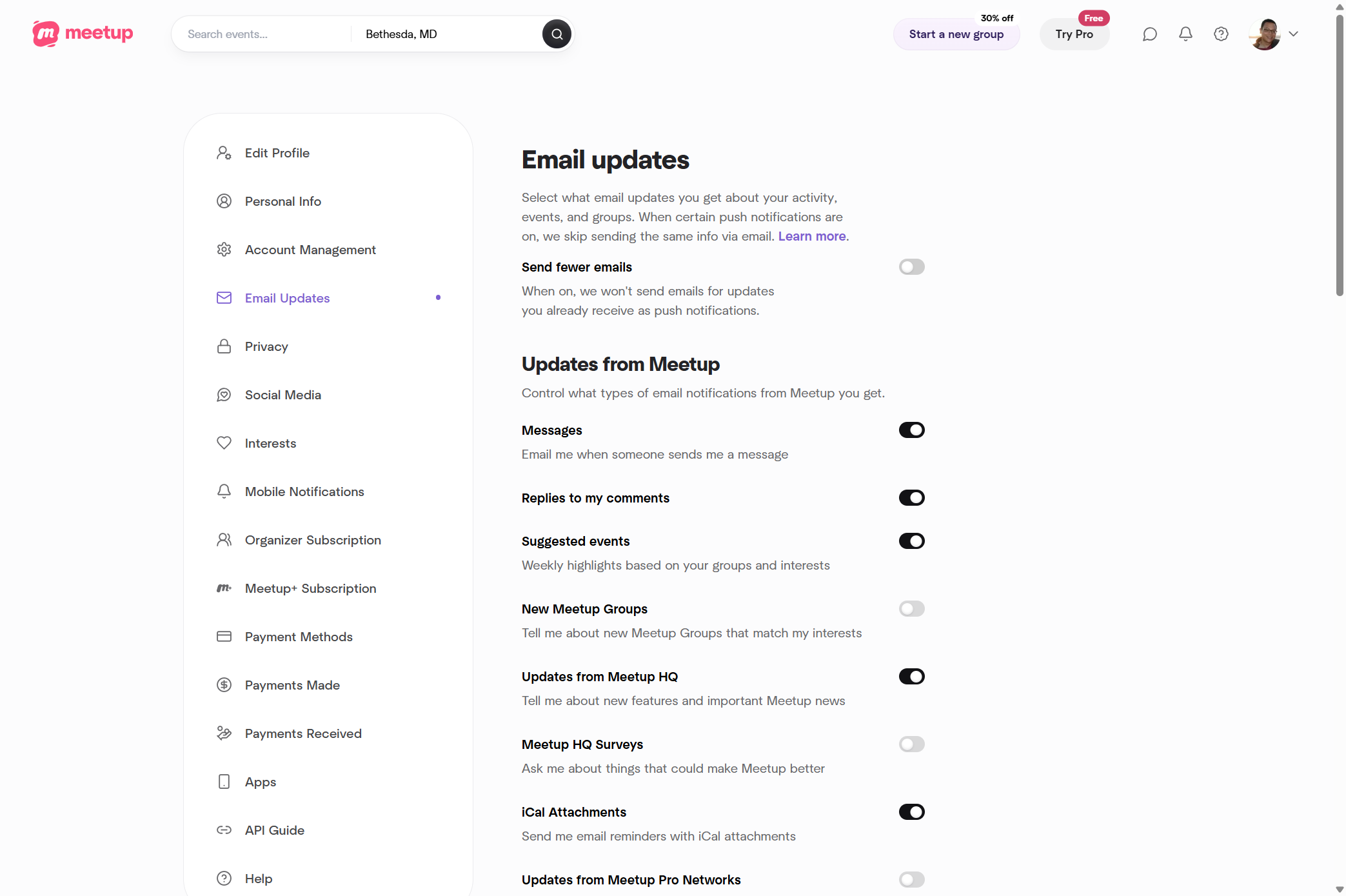 Visit the "Meetup wide" global notification level. Click on switch to Turn Off "Send fewer emails".