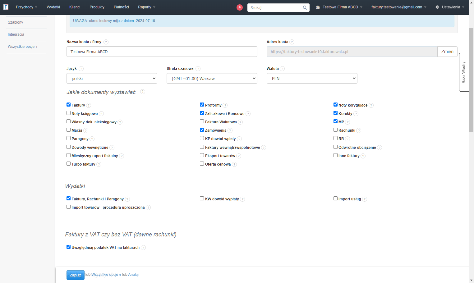 Zaznacz checkboxy przy dokumentach, które chcesz dodatkowo aktywować. W naszym przykładzie będą to faktury zaliczkowe i końcowe, zamówienia, noty korygujące i MP.