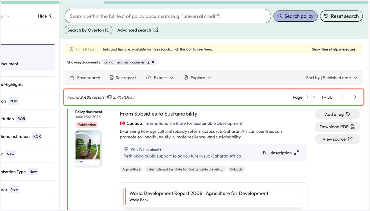Your results will be for policy documents citing the policy document you searched for.