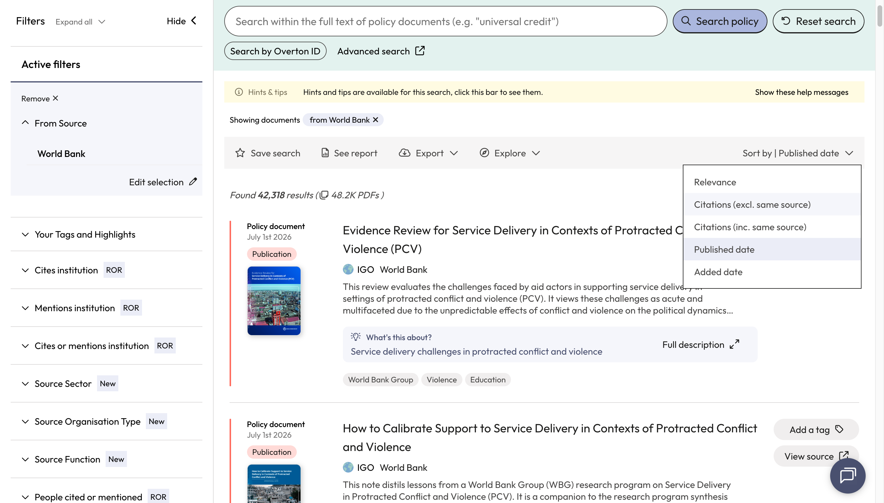 A. Sort your results by clicking on the 'Sort by' B. You can sort results by date of publication, number of citations or when the document was added to Overton.