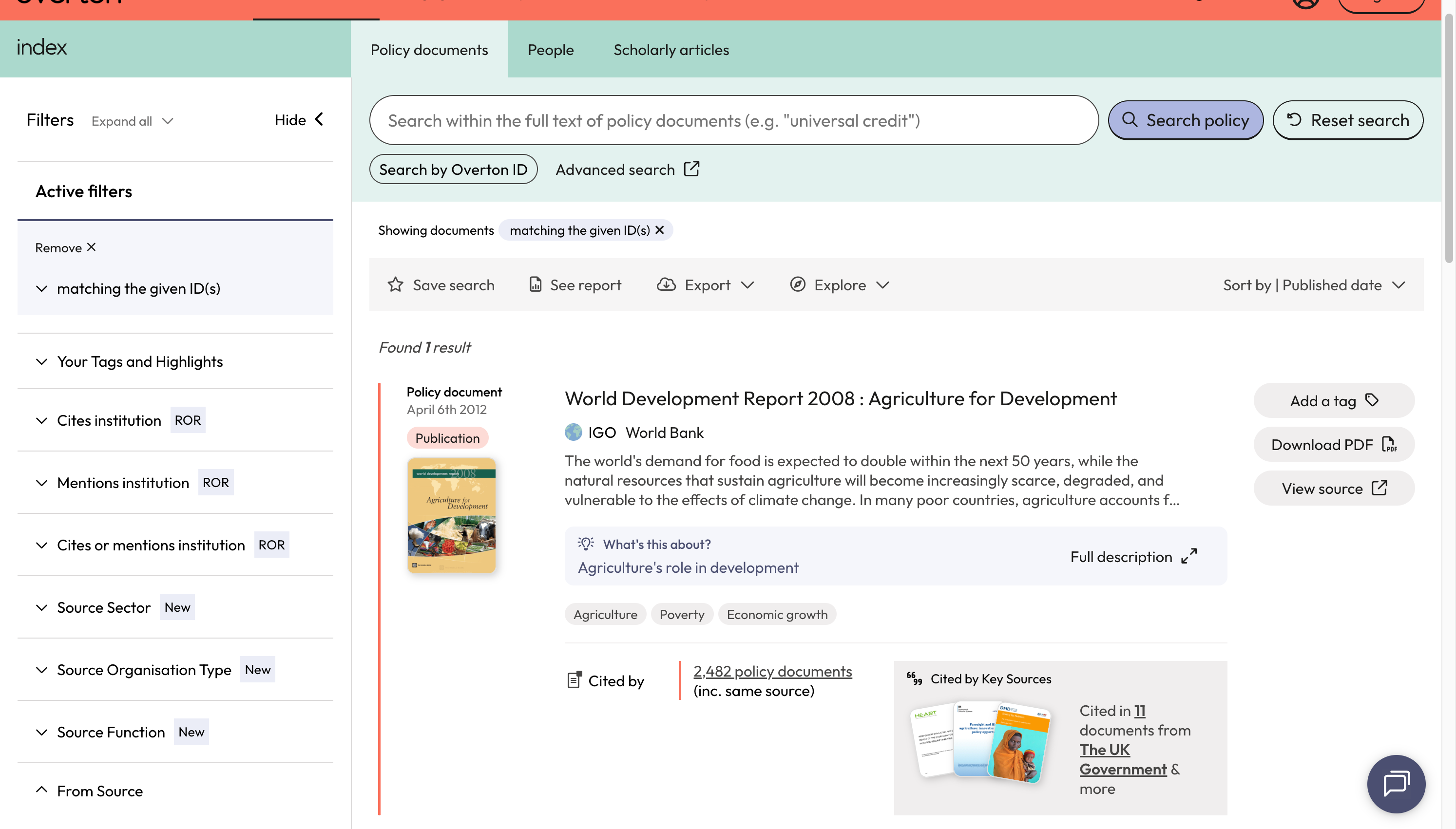 To see the policy citations for the document your searched for, click on the link where you see the number of citing policy documents.