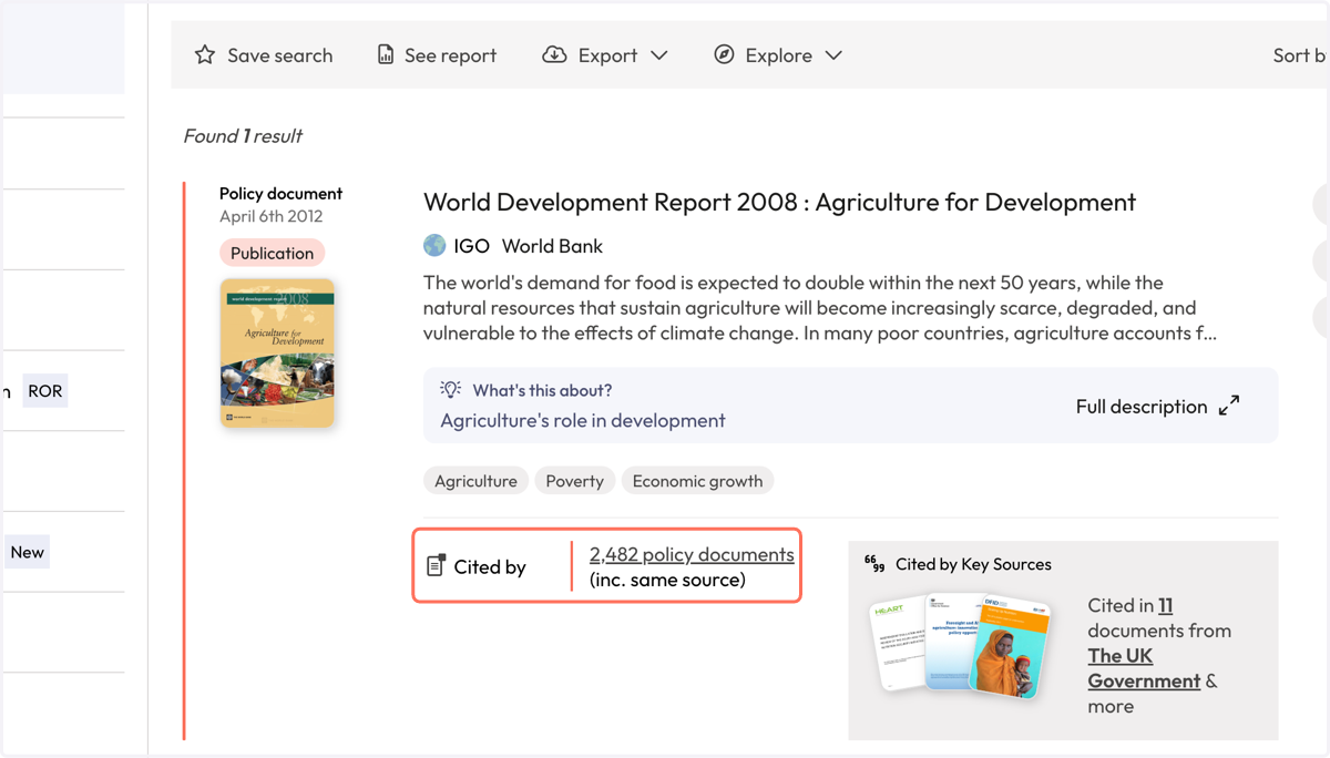 To see the policy citations for the document your searched for, click on the link where you see the number of citing policy documents.