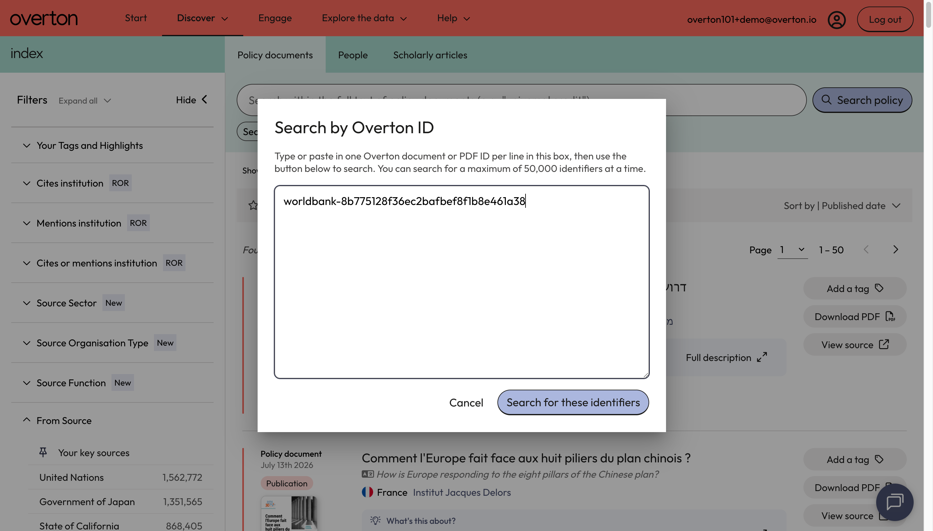 Paste the Overton ID into the search box.