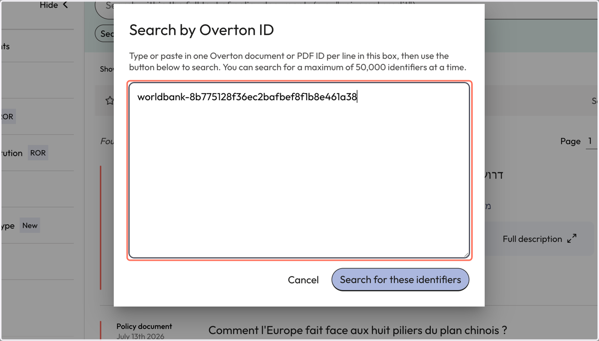 Paste the Overton ID into the search box.