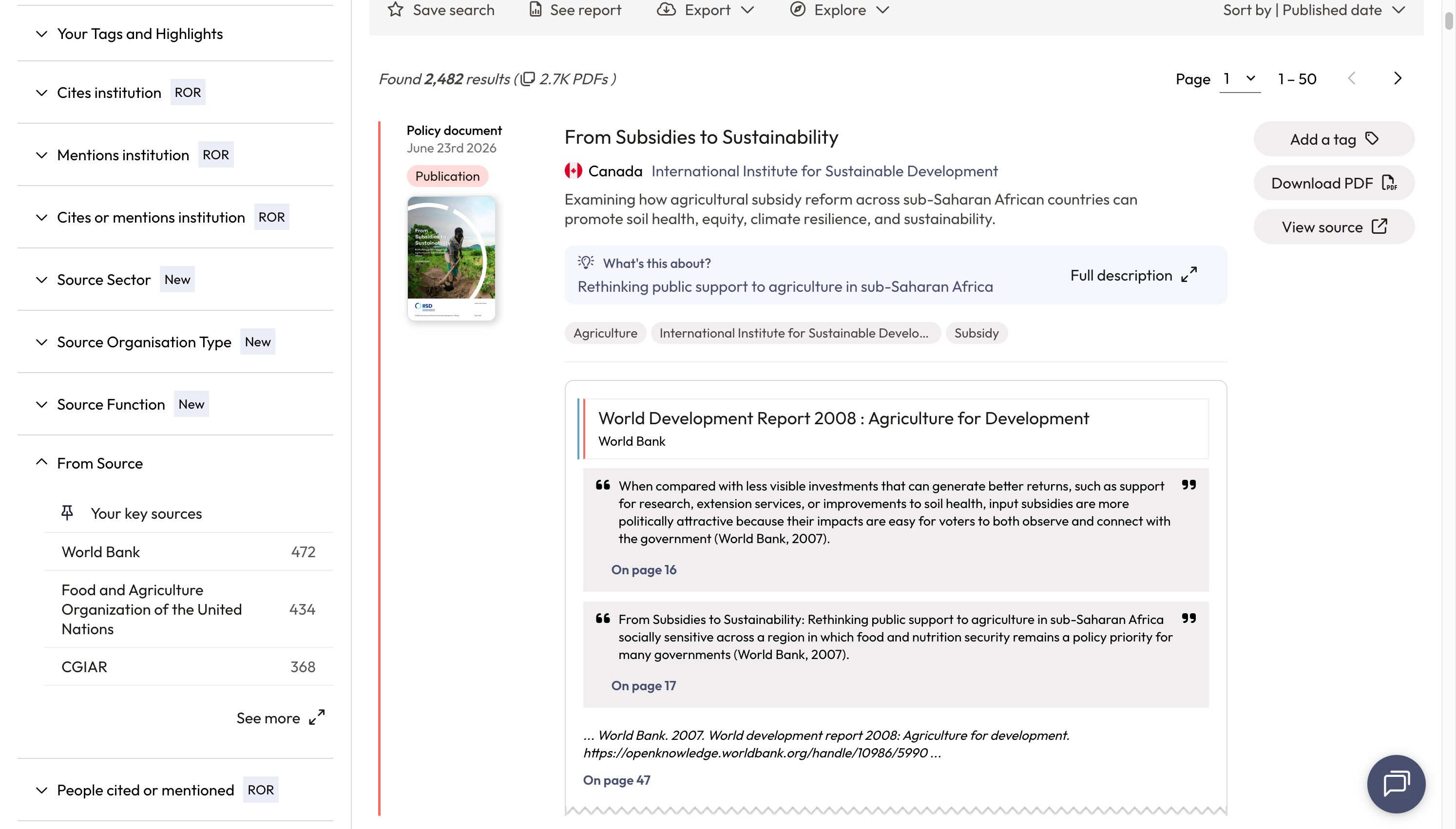Each result includes the name of the citing policy document, the policy source and a snippet of context to indicate where the citation of your publication was found.