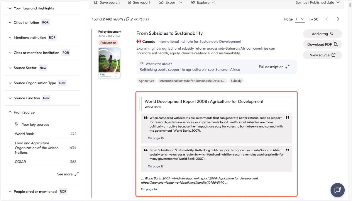 Each result includes the name of the citing policy document, the policy source and a snippet of context to indicate where the citation of your publication was found.