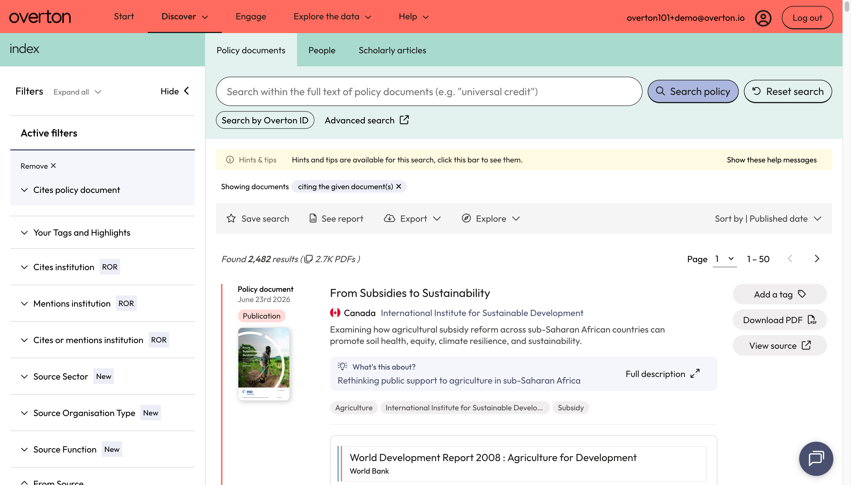 Use the action bar to save a search, generate a summary report, export* or explore further.