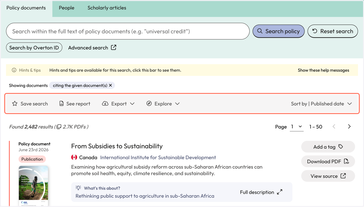 Use the action bar to save a search, generate a summary report, export* or explore further.