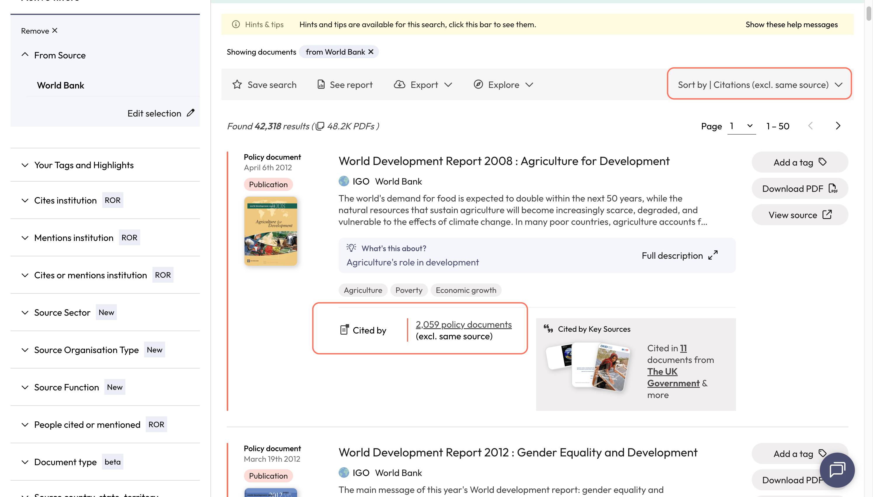 Select the publication that you want to search for policy citations for.