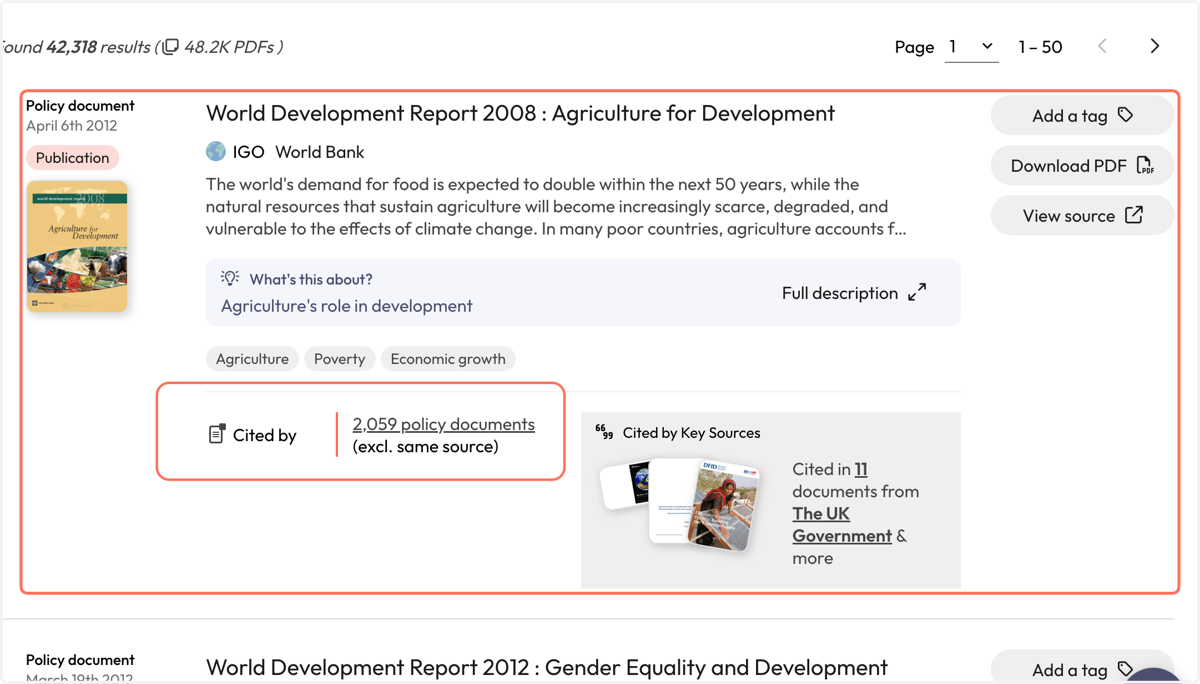 Select the publication that you want to search for policy citations for.