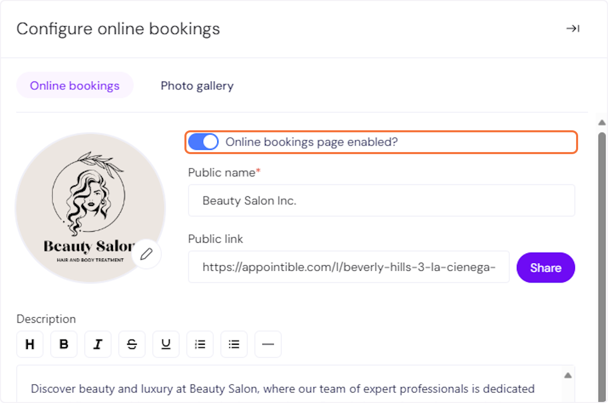 Online booking page