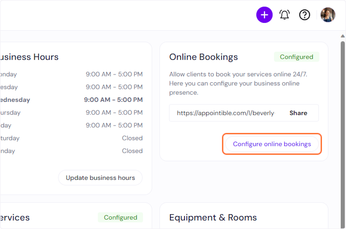 Click on 'Configure online bookings'