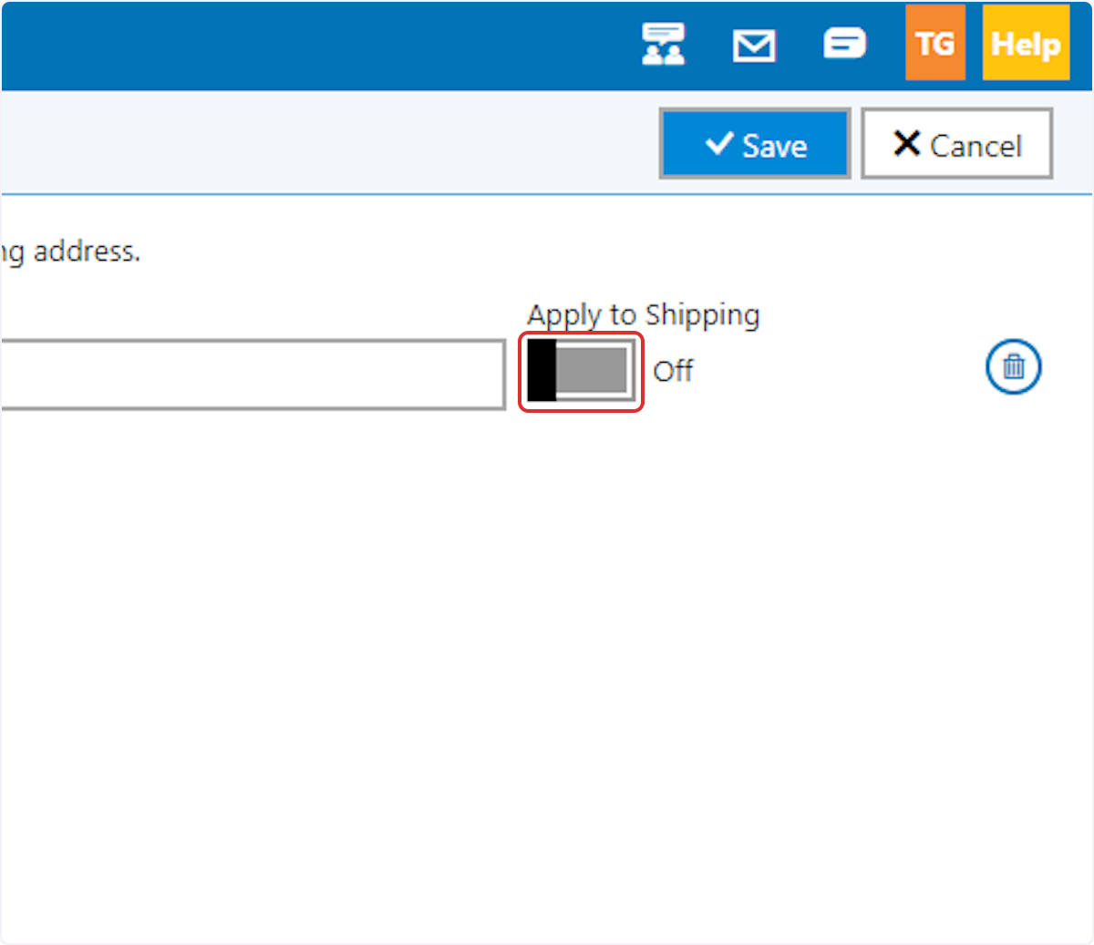 If you wish to apply the tax to shipping charges as well as merchandise, toggle the 'Apply to Shipping' toggle to the ON position.