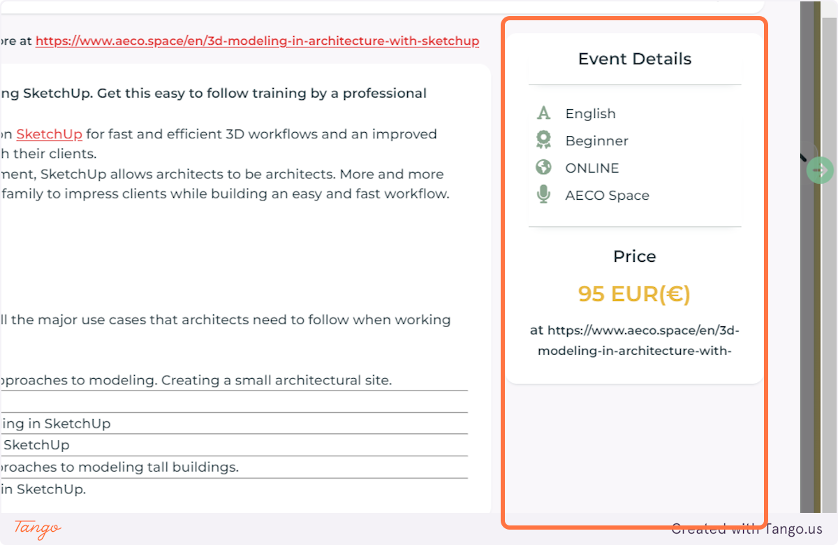 Under EVENT DETAILS you'll be able to see whether this course is available LIVE or ONLINE and whether it's PAID or FREE. In this case, the course costs 95 EURO and is available online.