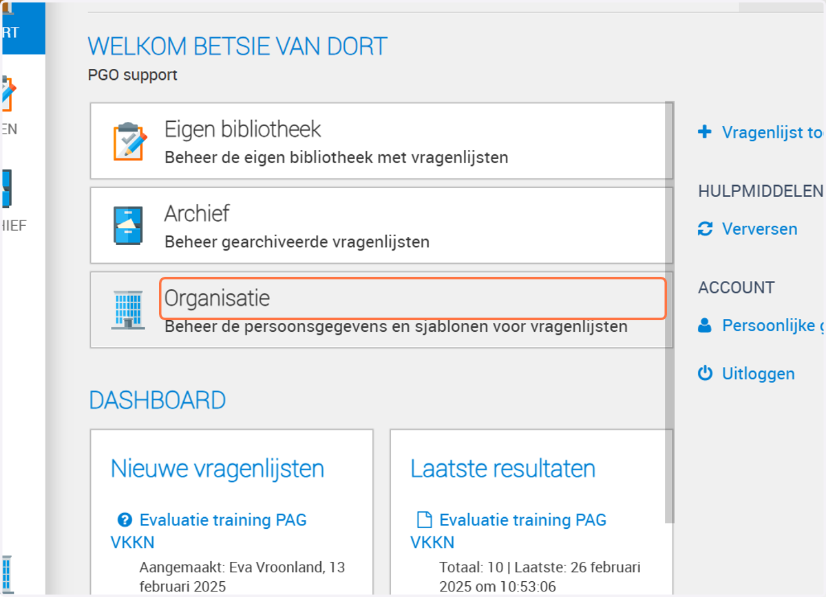 Via organisatie/ persoonsgegevens kun je jullie organisatie/ persoonsgegevens terug zien.