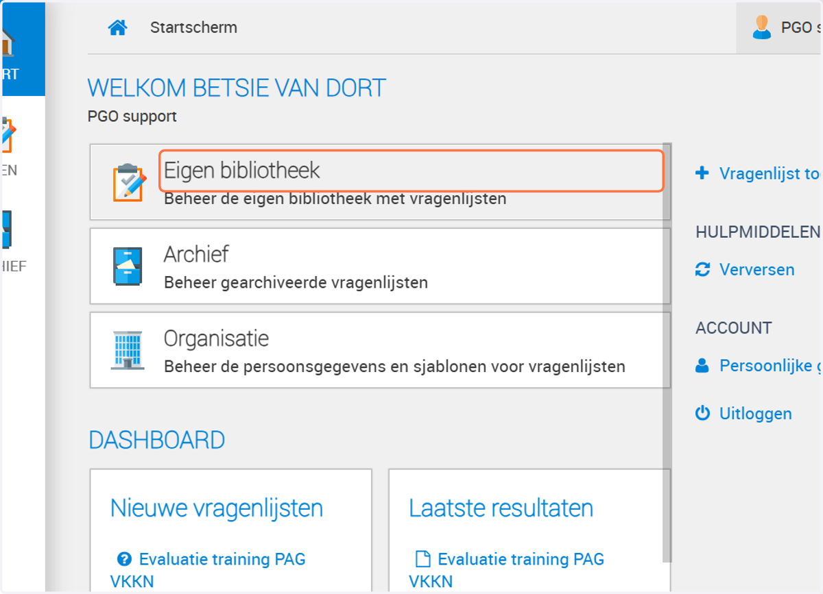 Bij eigen bibliotheek kun je de vragenlijsten zien die je gemaakt hebt.