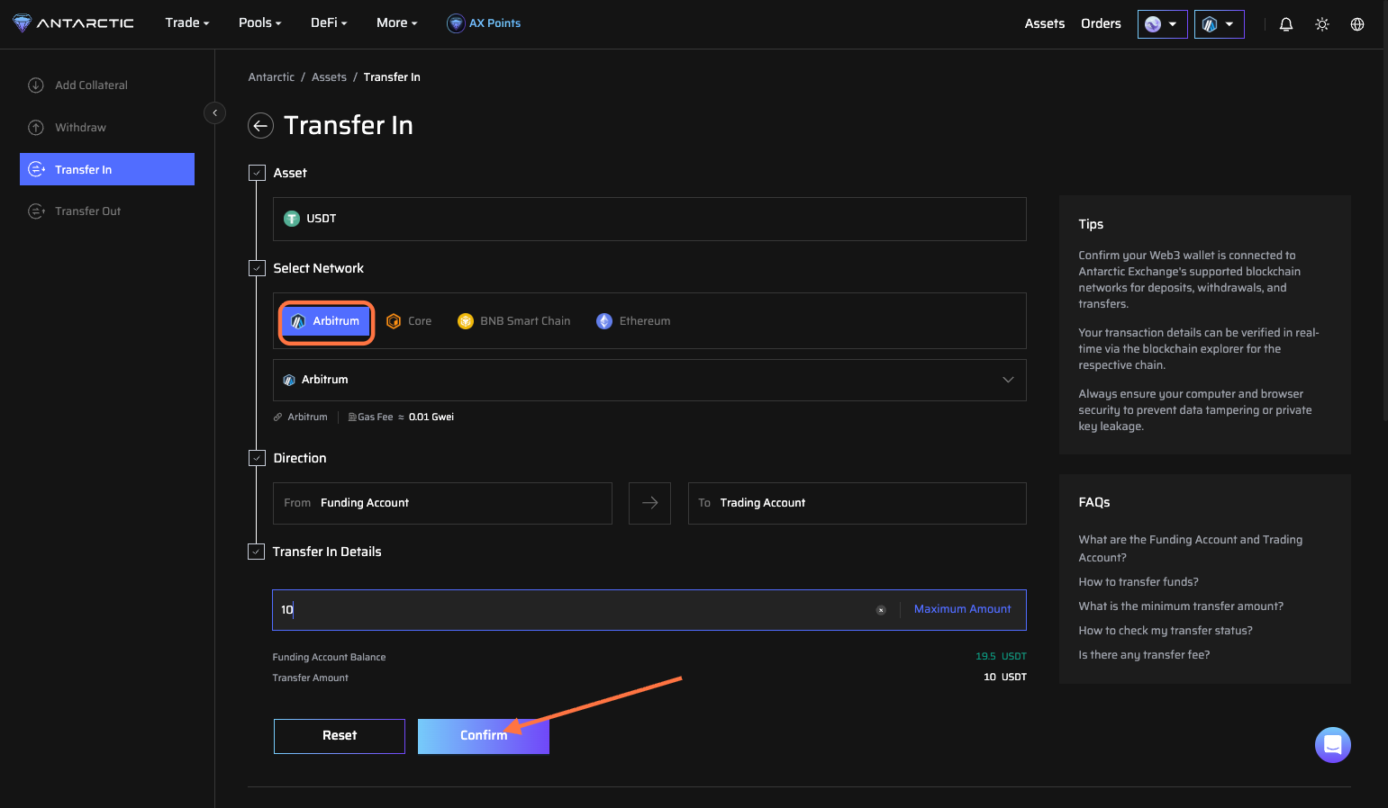Choose network and type amount