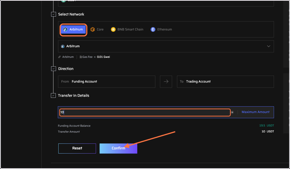 Choose network and type amount