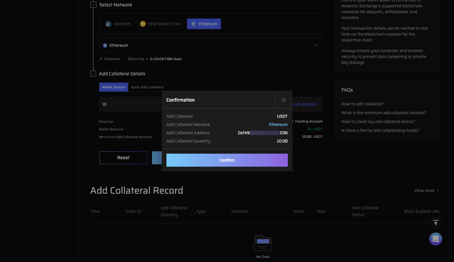 Click on “Confirm” on the Assets deposit page