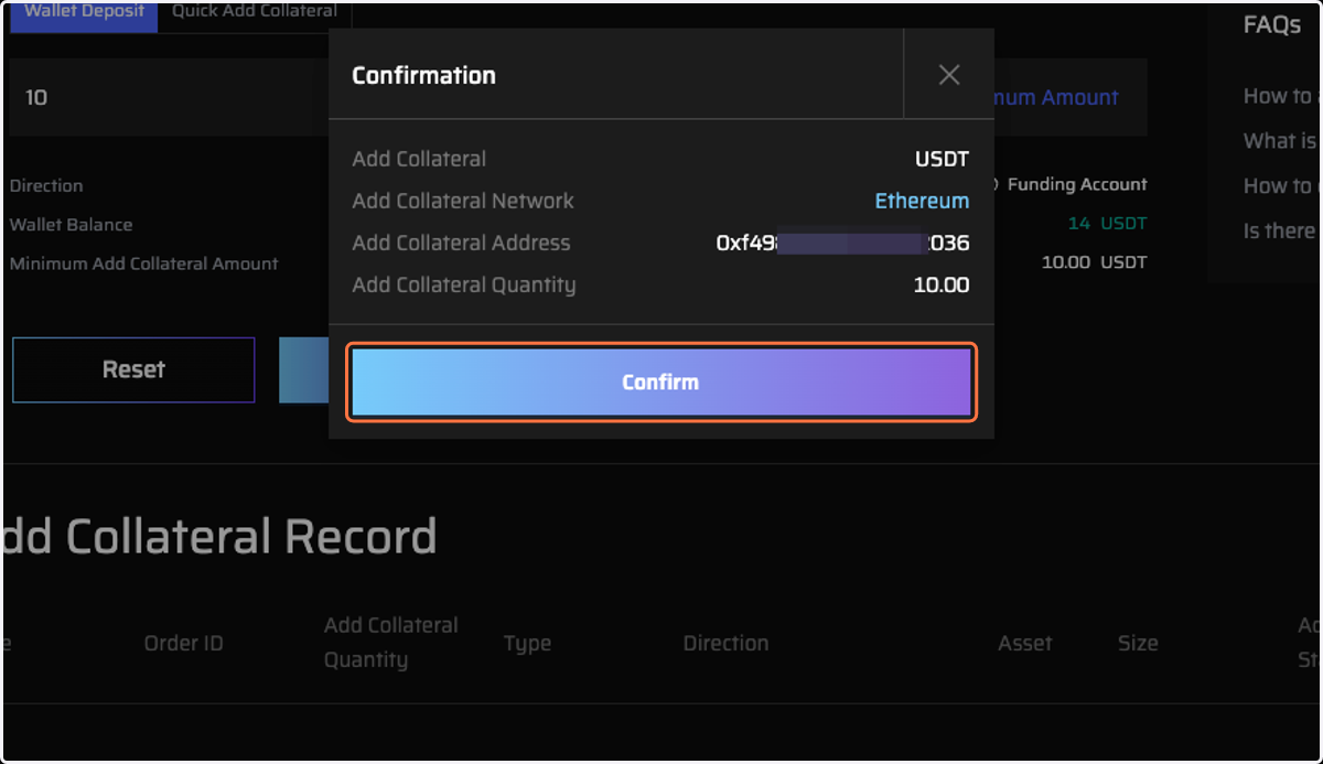 Click on “Confirm” on the Assets deposit page