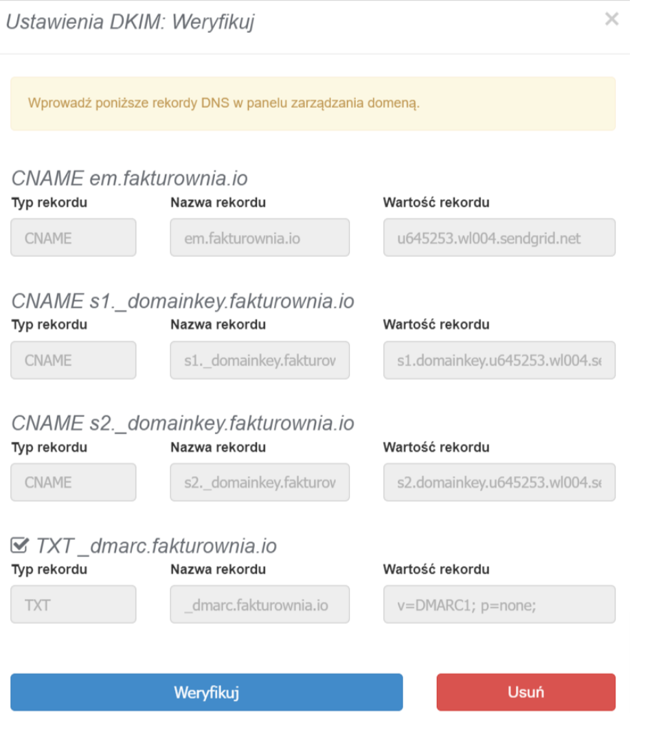 W formularzu weryfikacji DKIM należy wprowadzić rekordy DNS, które wygenerowano po stronie zarządzania domeną. Następnie zatwierdź sprawdzenie ustawień DKIM za pomocą przycisku 'Weryfikuj'.