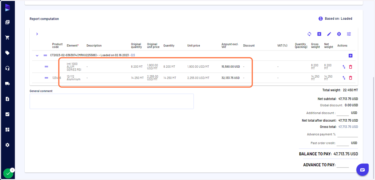 Here you can see details of multiple materials (weight, unit price, total amount per material)