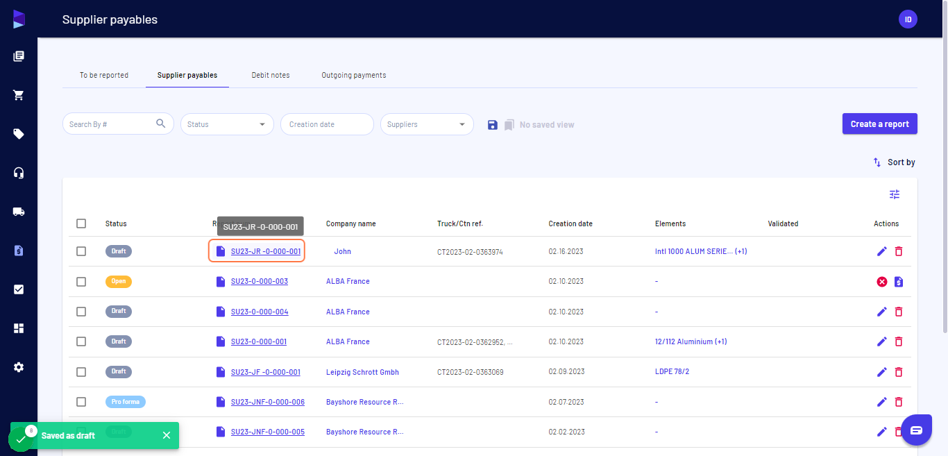 Click on the supplier payables to download it