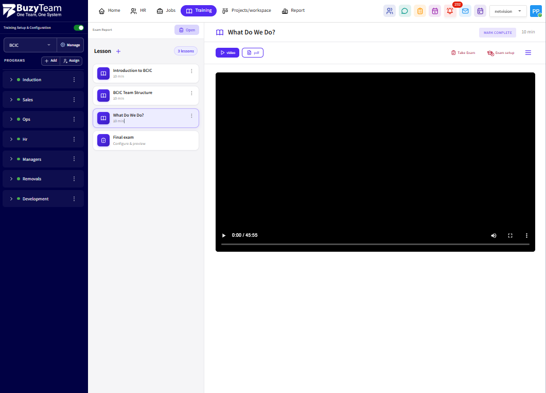The left sidebar shows all available Programs (e.g., Induction, Sales, Ops, HR, Managers, etc.).