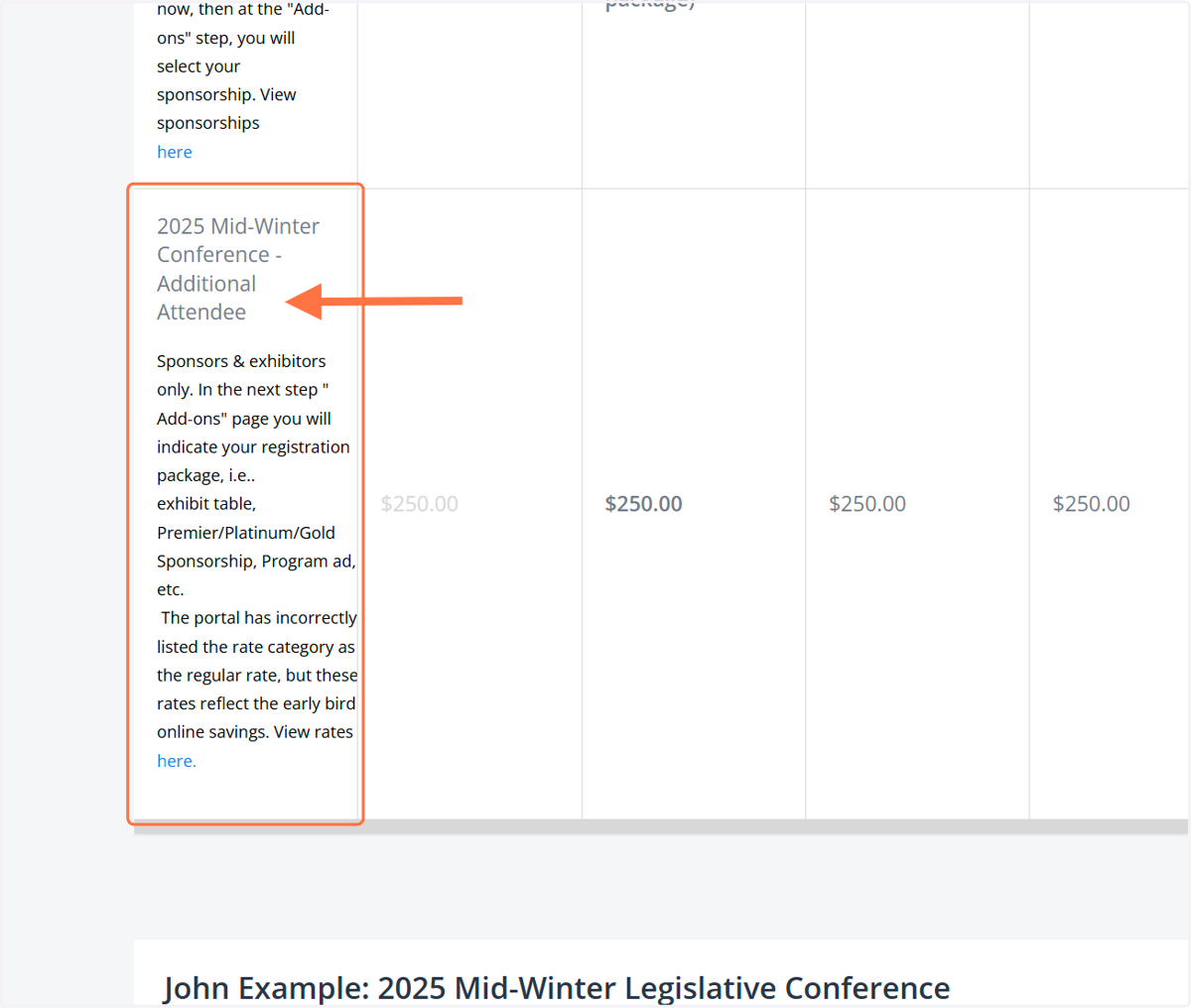 Available Package Selections for Vendors: Additional Attendee…