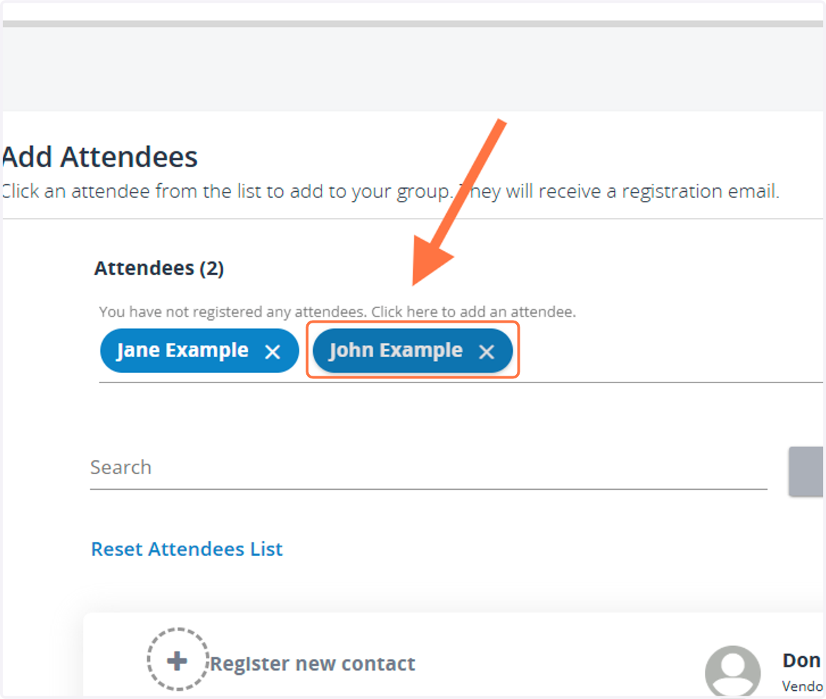 The image below shows that the second attendee "John Example" was added