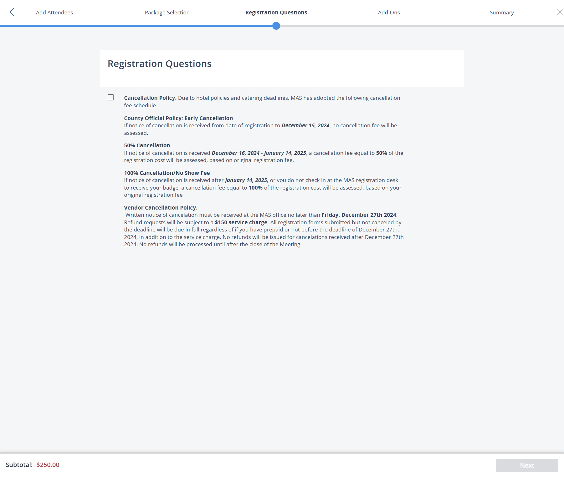Next step is labeled "Registration Questions" which is the Cancellation Policy