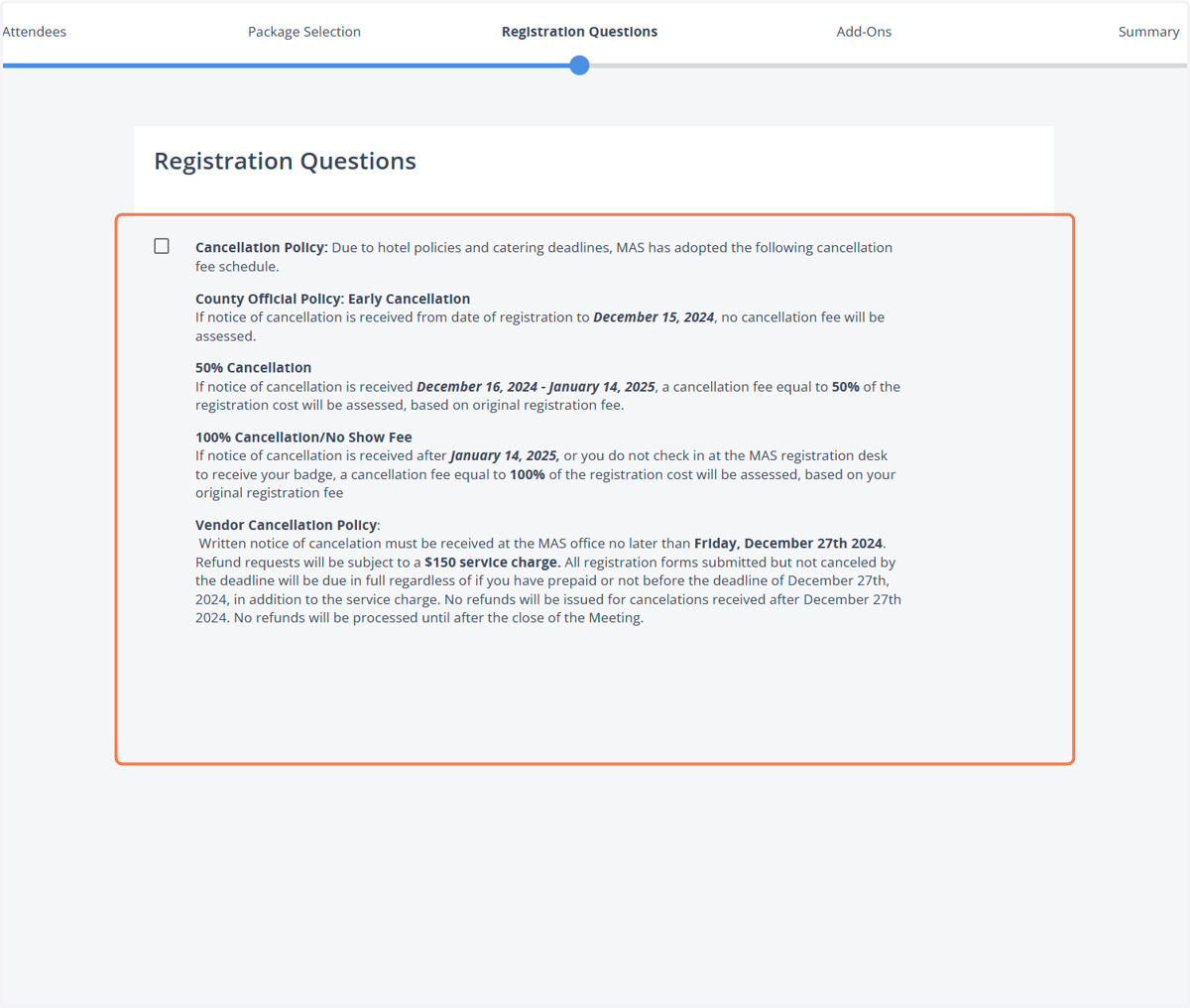 Next step is labeled "Registration Questions" which is the Cancellation Policy