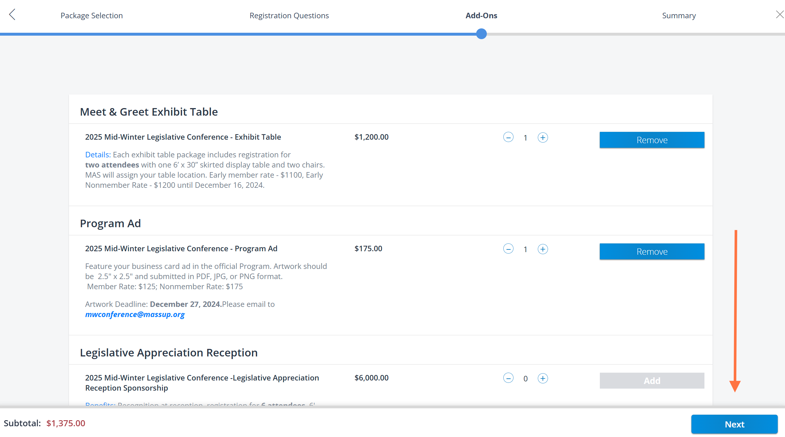Once you have added everything, click "Next" at the bottom of the page