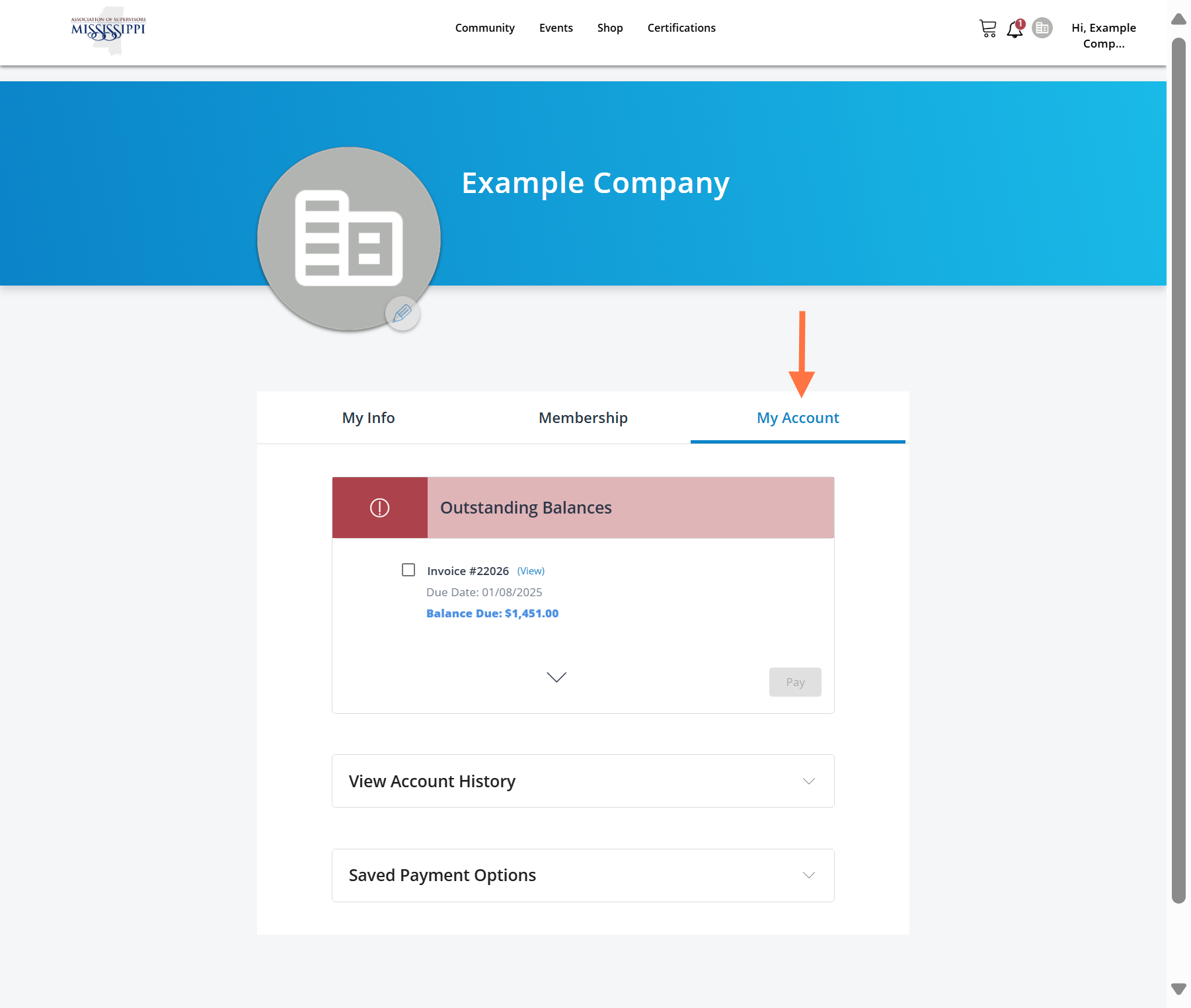 Click on "My Account" to view outstanding balances and registration history