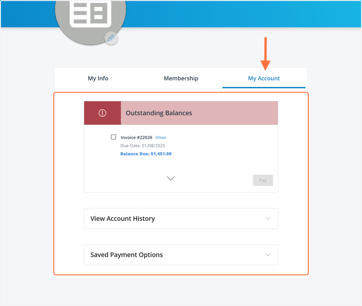 Click on "My Account" to view outstanding balances and registration history