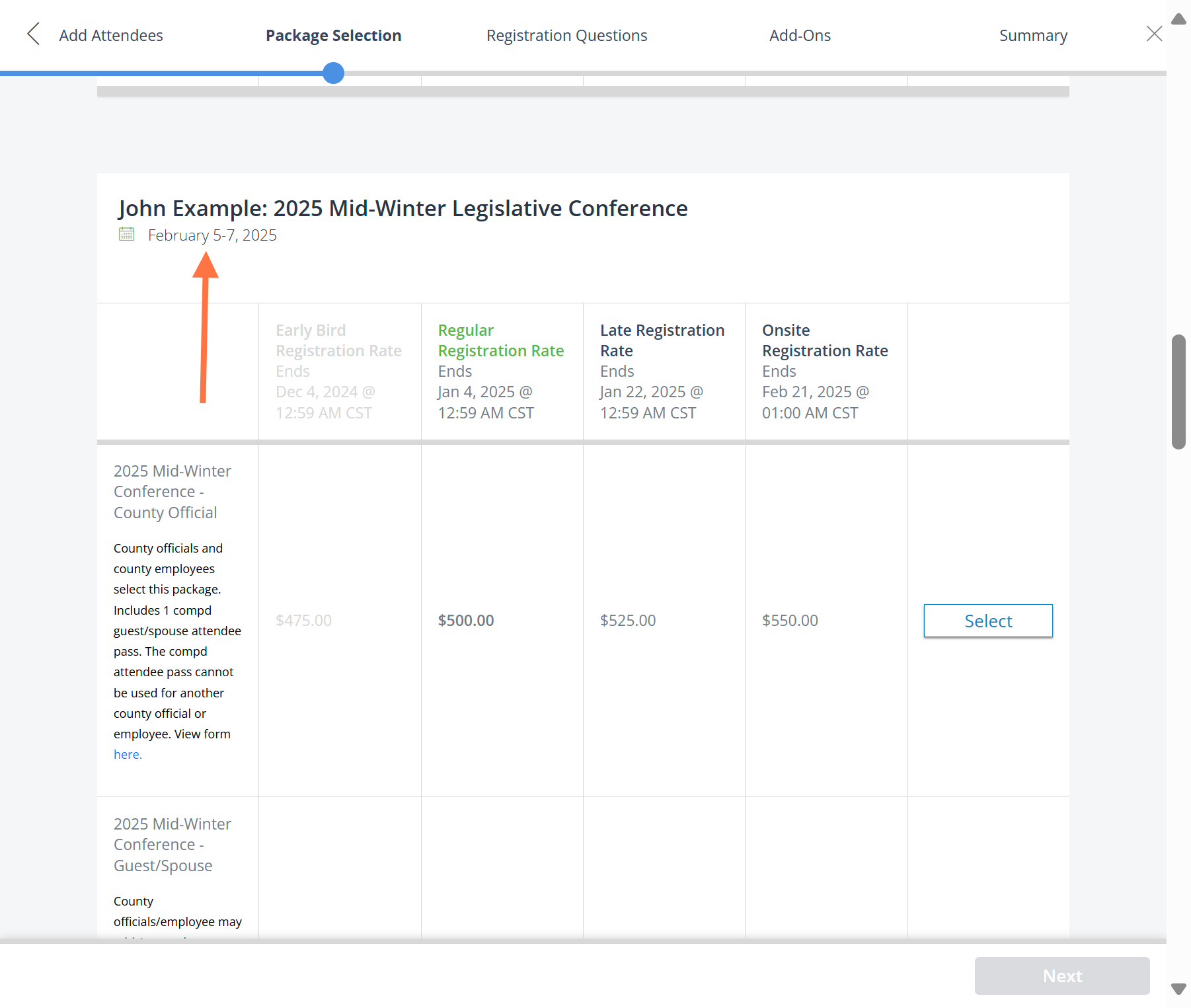 You can continue scrolling to see your additional attendees. Image below is of second attendee name "John Example"