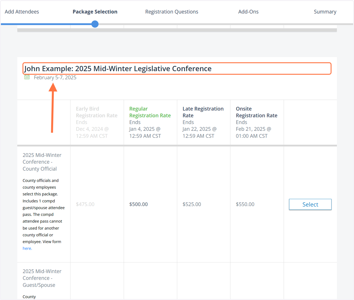You can continue scrolling to see your additional attendees. Image below is of second attendee name "John Example"