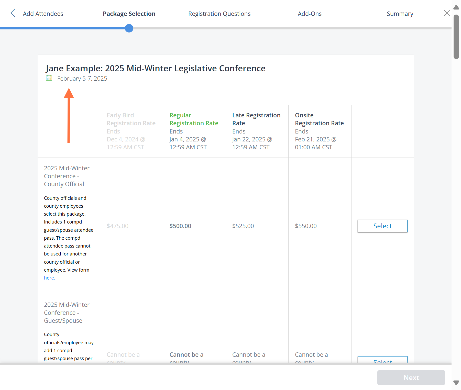 Example: Image below is the first attendee name that was added "Jane Example"