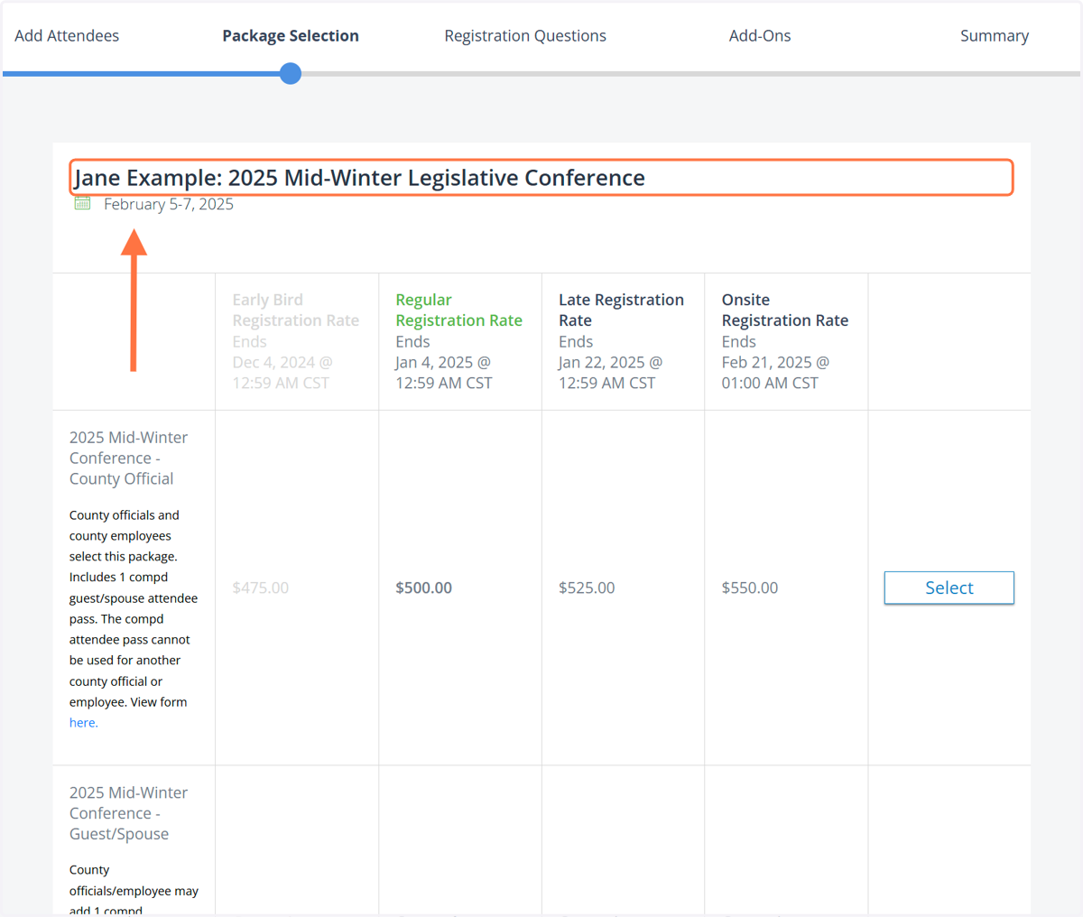 Example: Image below is the first attendee name that was added "Jane Example"