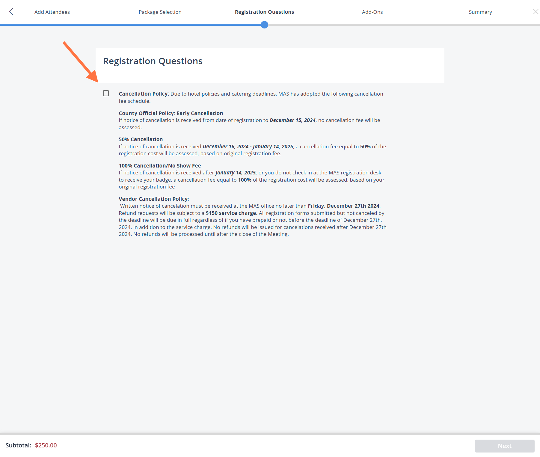 Click the checkbox to confirm you acknowledge and accept the cancellation policy